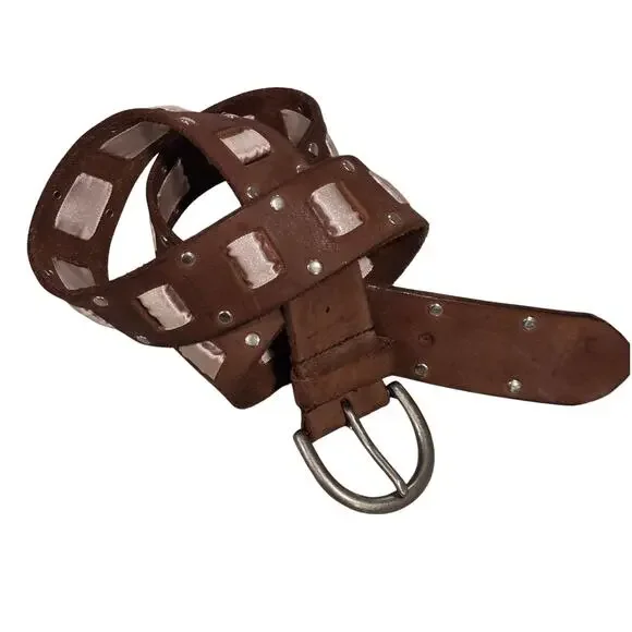 Brown Distressed Leather Belt Pink Satin Ribbon Silver Studs Brass Hardware Sz L